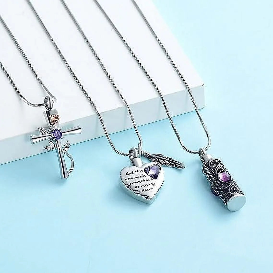 Cylinder Cross Heart Memorial Urn Necklace, Stainless Steel, 3 Pieces Set